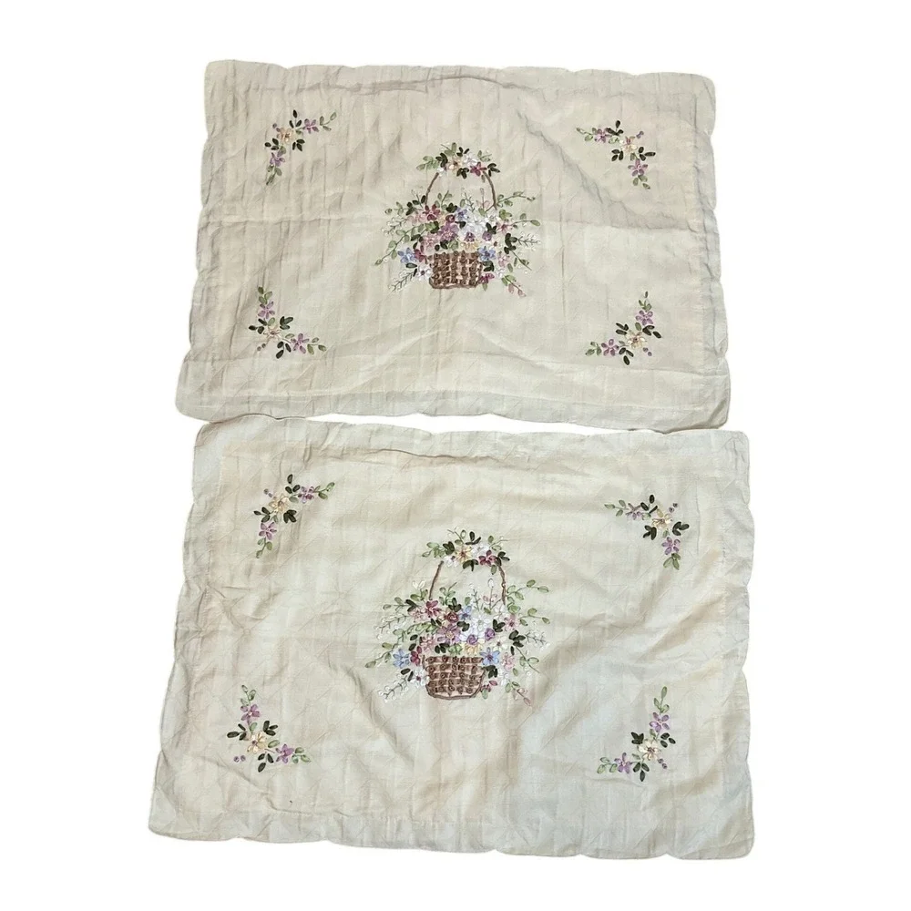 Vintage Pillowcases Set Ribbon Floral Embroidery Stitching Cottagecore Granny